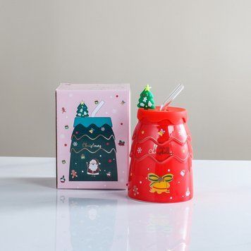 Склянка з трубочкою новорічна Merry Christmas 13328 400 мл червоний 13329 фото